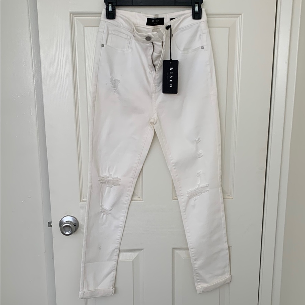 High Rise White Jeans with Distressed Detail